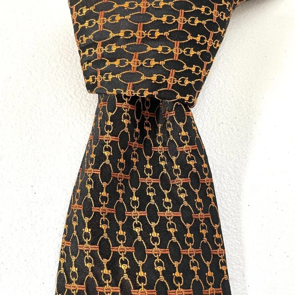 Robert Talbott Best Of Class Handsewn Silk Tie Gold Chain Print Black Made In US